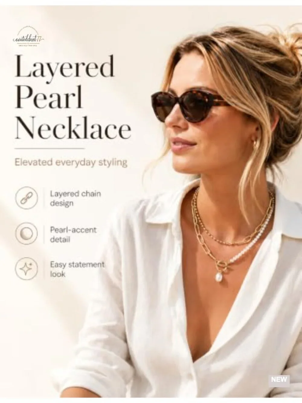 14K Gold Plated Pearl Link Toggle Clasp Stackable Layered Necklace
